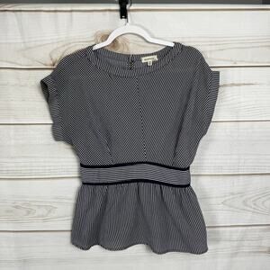 Monteau Black & White Striped Smocked Back Capped Sleeve Blouse Size XL